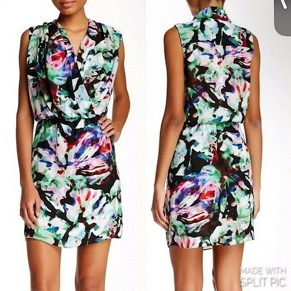 Parker Mini Dress Draped Surplice Neck Floral Watercolor Printed Black Green S - Picture 1 of 5